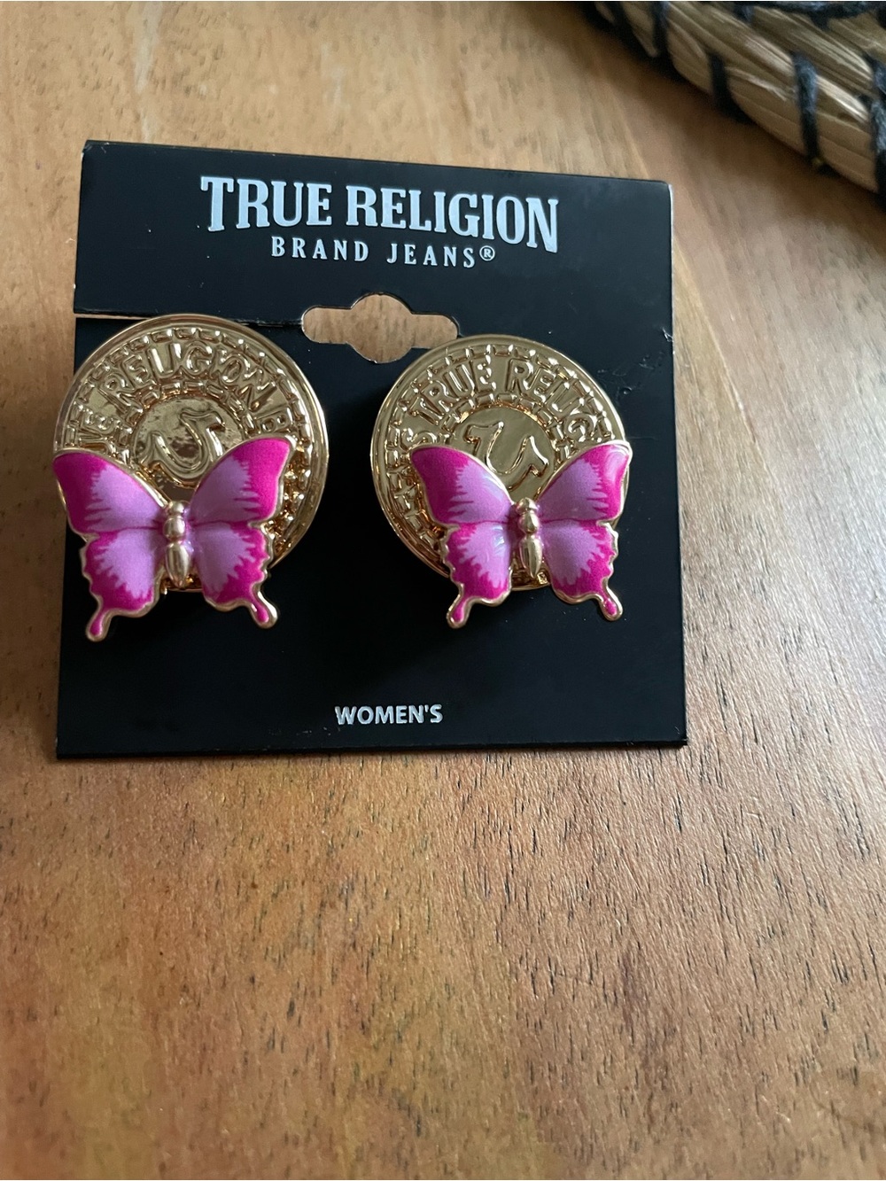 True Religion Gold-Tone Coin Earrings with Pink Butterfly Accents